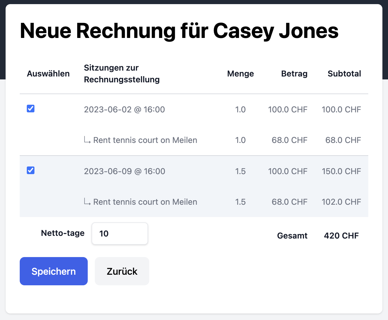 Invoicing generation screenshot